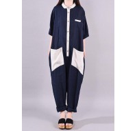 Women linen Fitted Fashion Spliced Big Pockets Casual Romper