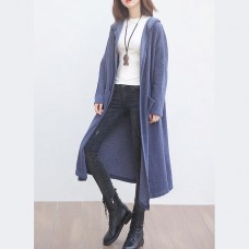 New blue wool overcoat plus size clothing big pockets trench coat hooded outwear